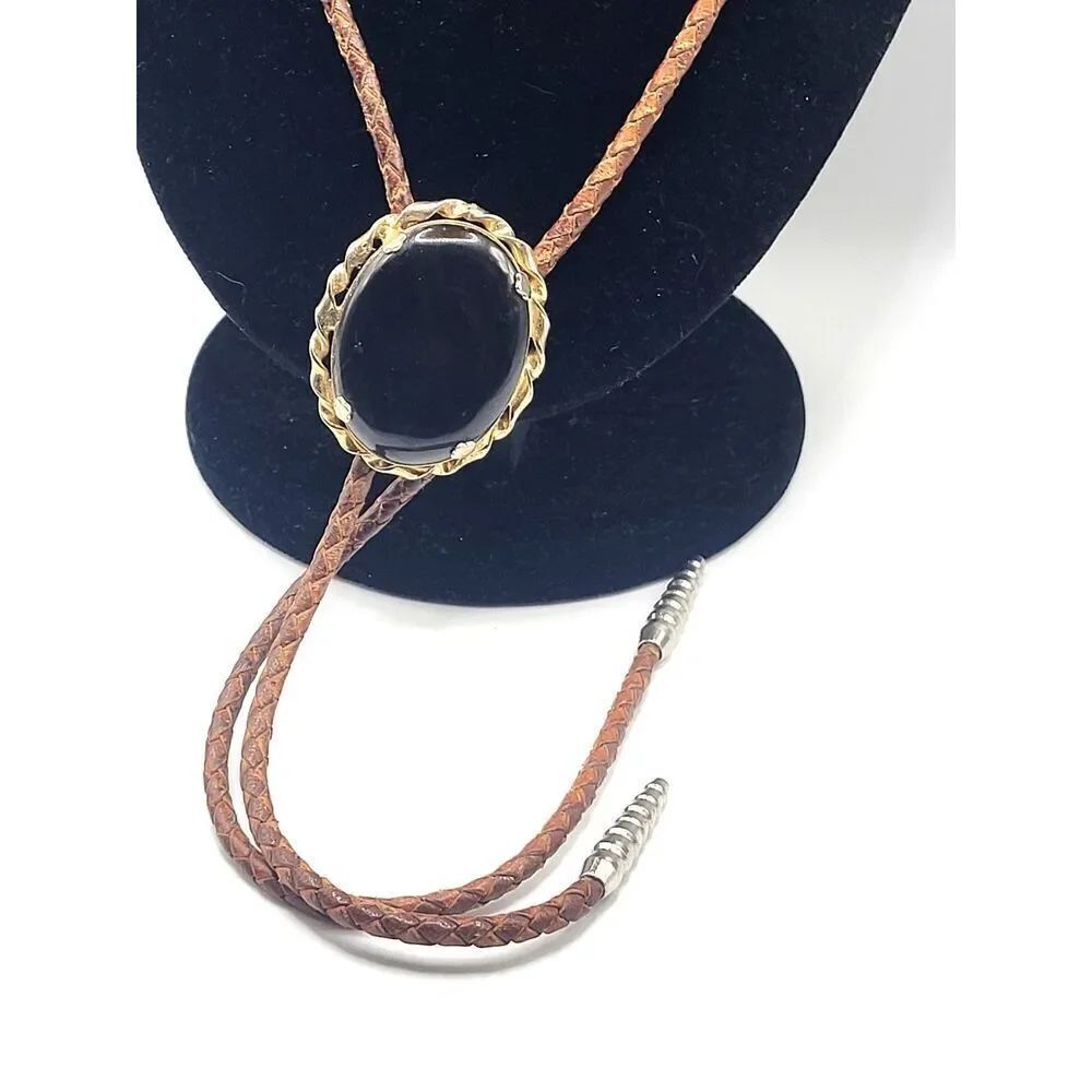 Vintage Braided Leather Onyx Bolo 36"